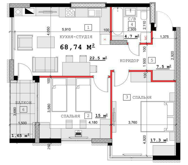 2-комнатная 68.74 м² в ЖК на вул. Суворова, 14, 16Б, 16В от 12 000 грн/м², г. Каменец-Подольский