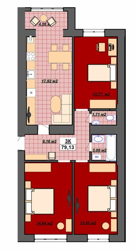 3-комнатная 79.13 м² в ЖК Гетьманский от 14 200 грн/м², Ивано-Франковск