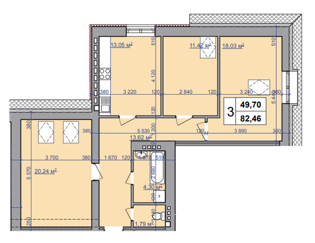 3-кімнатна 82.46 м² в ЖК на вул. Шевченко, 52 від 18 900 грн/м², Івано-Франківськ