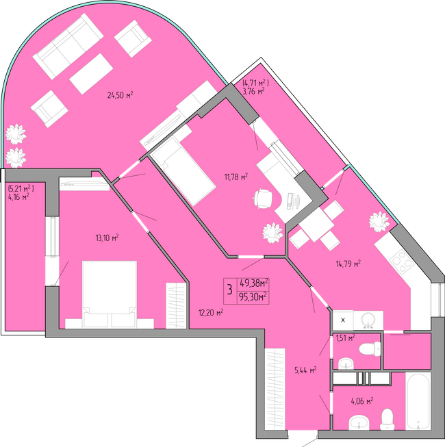 3-кімнатна 95.3 м² в ЖК Акварель-3 від 19 450 грн/м², Одеса