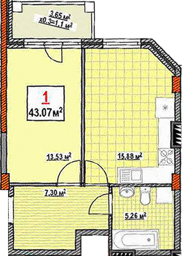 1-кімнатна 43.07 м² в КБ Консул від 37 500 грн/м², Одеса