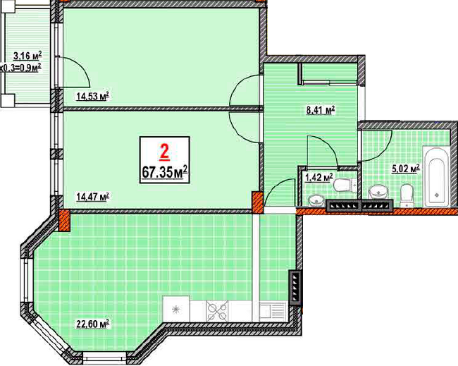 2-кімнатна 67.35 м² в КБ Консул від 34 700 грн/м², Одеса