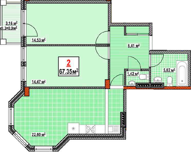 2-комнатная 67.35 м² в КД Консул от 34 700 грн/м², Одесса