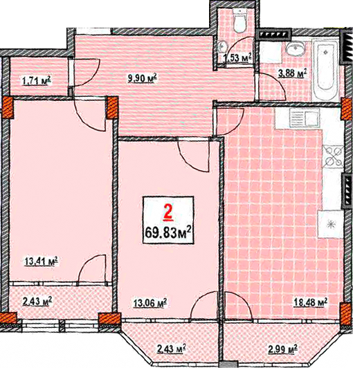 2-кімнатна 69.83 м² в КБ Консул від 34 700 грн/м², Одеса