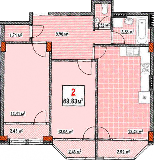 2-комнатная 69.83 м² в КД Консул от 34 700 грн/м², Одесса