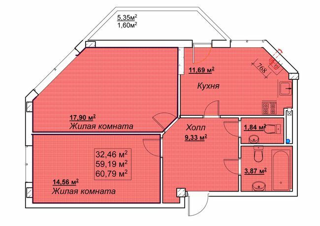 2-кімнатна 60.79 м² в ЖК Маріїнський від забудовника, смт Великодолинське