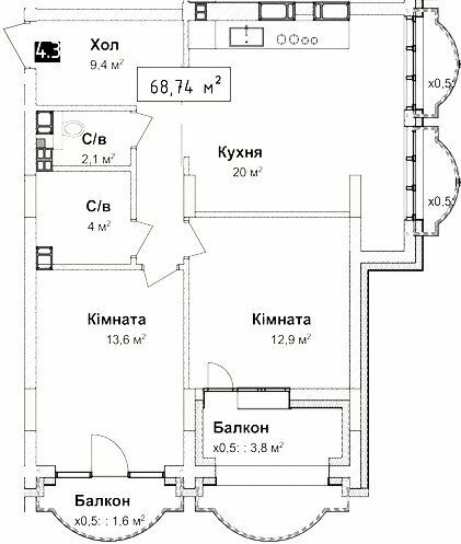 2-кімнатна 68.74 м² в КБ Воронцовський від забудовника, Одеса