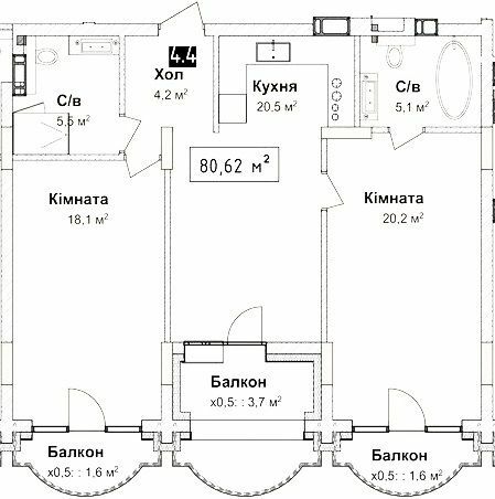 2-кімнатна 80.62 м² в КБ Воронцовський від забудовника, Одеса