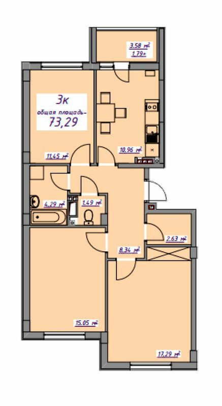 3-комнатная 73.29 м² в ЖМ Седьмое Небо от 17 800 грн/м², пгт Авангард