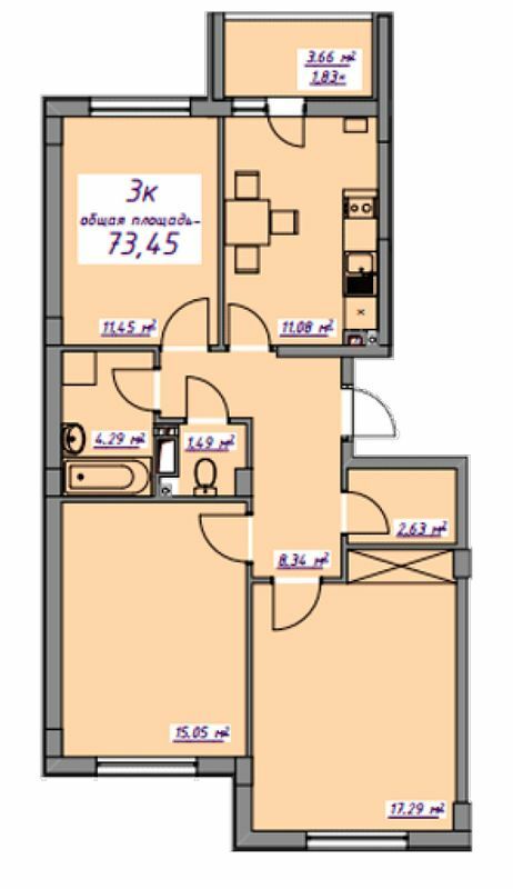 3-комнатная 73.45 м² в ЖМ Седьмое Небо от 17 900 грн/м², пгт Авангард