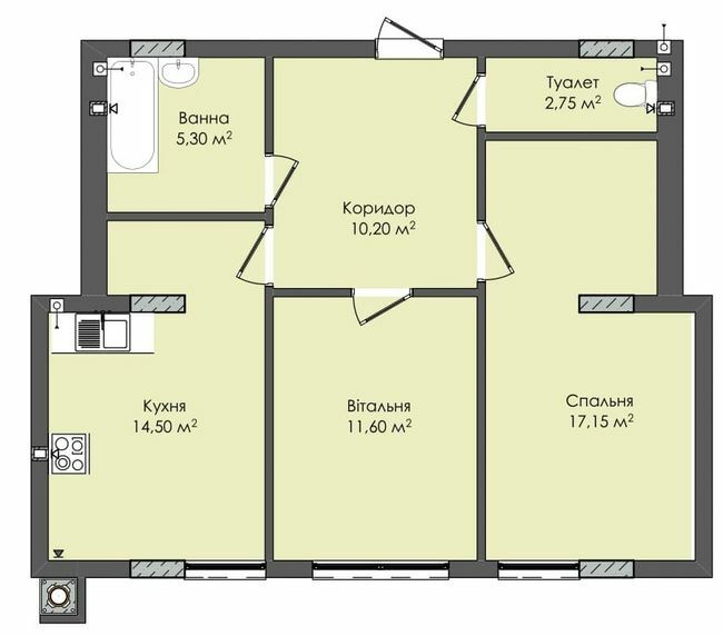 2-кімнатна 61.5 м² в ЖК Комфорт Плюс від 17 800 грн/м², м. Дубляни