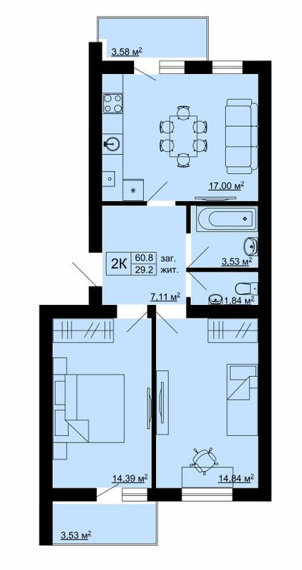 2-комнатная 60.8 м² в ЖК Південний от 15 500 грн/м², с. Сокольники