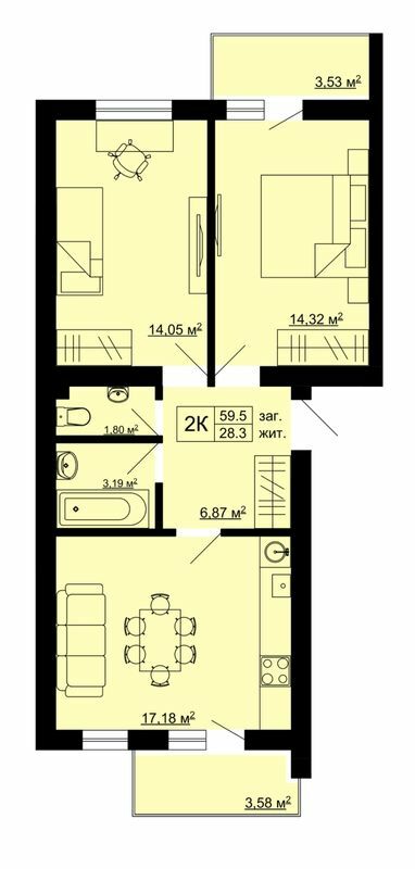 2-комнатная 59.5 м² в ЖК Південний от 15 500 грн/м², с. Сокольники