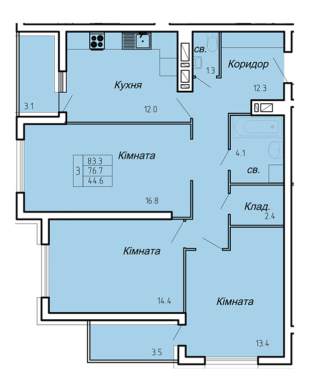 3-кімнатна 83.3 м² в ЖК Atlanta Tower від 16 450 грн/м², Тернопіль