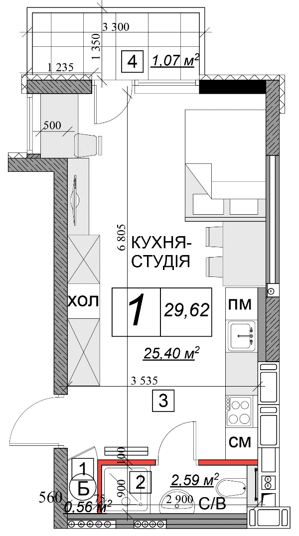 1-комнатная 29.62 м² в ЖК Качественное жилье от 11 400 грн/м², г. Каменец-Подольский