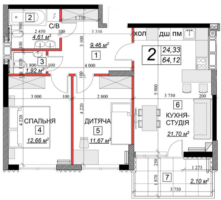 2-кімнатна 64.12 м² в ЖК Якісне житло від 9 600 грн/м², м. Кам`янець-Подільський