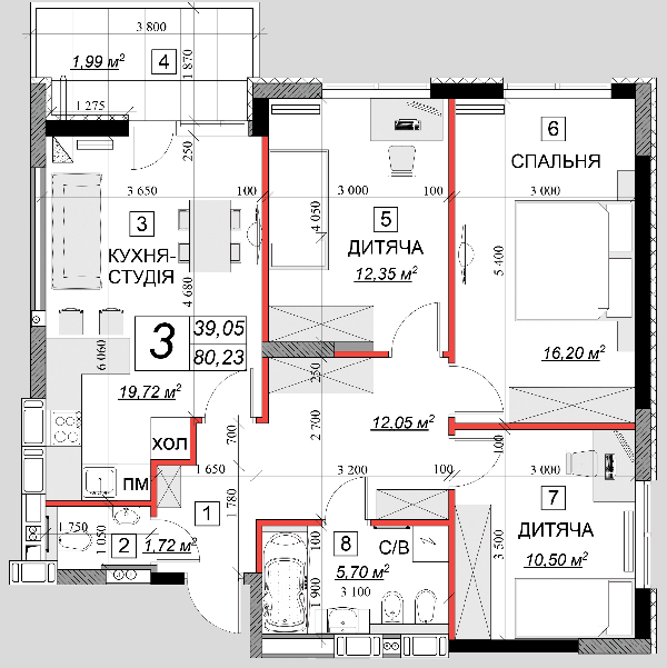 3-комнатная 80.23 м² в ЖК Качественное жилье от 9 900 грн/м², г. Каменец-Подольский