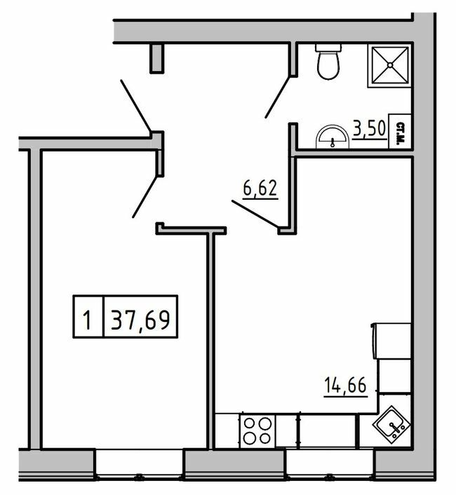 1-комнатная 37.69 м² в ЖК KEKS от 19 600 грн/м², пгт Авангард