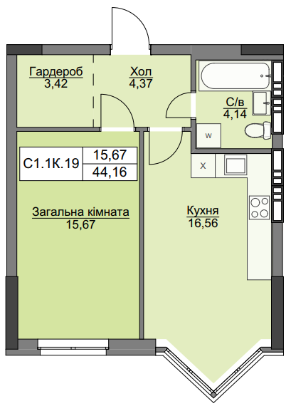 1-кімнатна 44.16 м² в ЖК Вишгород Плаза від 18 500 грн/м², м. Вишгород