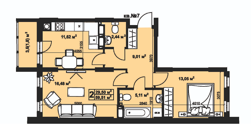 2-комнатная 59.51 м² в ЖК Андреевский от 14 400 грн/м², г. Прилуки