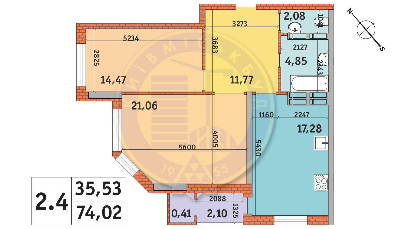 2-комнатная 74.02 м² в ЖК Гвардейский от 75 060 грн/м², Киев