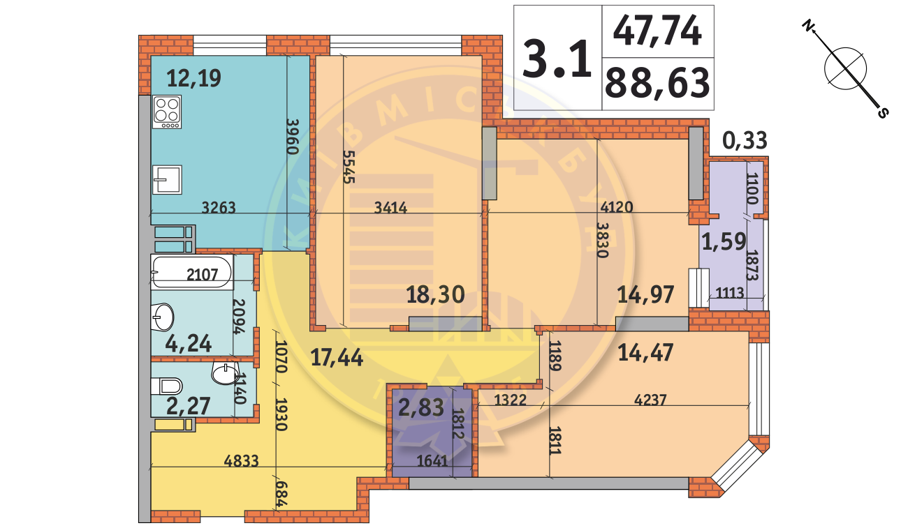 3-комнатная 88.63 м² в ЖК Гвардейский от 55 450 грн/м², Киев