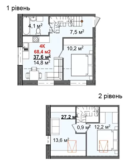 Двухуровневая 68.4 м² в КД Світанок от 15 750 грн/м², с. Софиевская Борщаговка