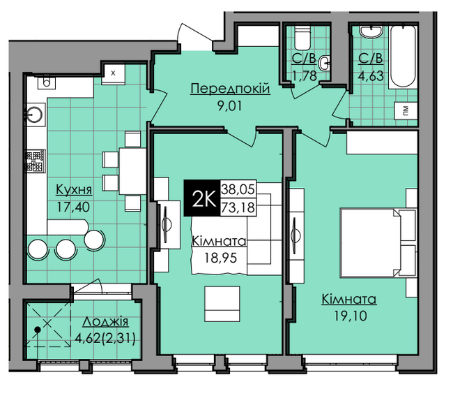 2-кімнатна 73.18 м² в ЖК Lazur Sky від 17 200 грн/м², Львів