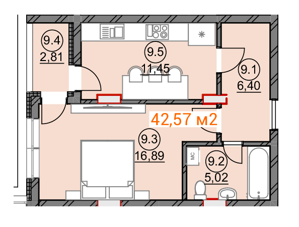 1-кімнатна 42.57 м² в ЖК Підгірний від 23 950 грн/м², Ужгород