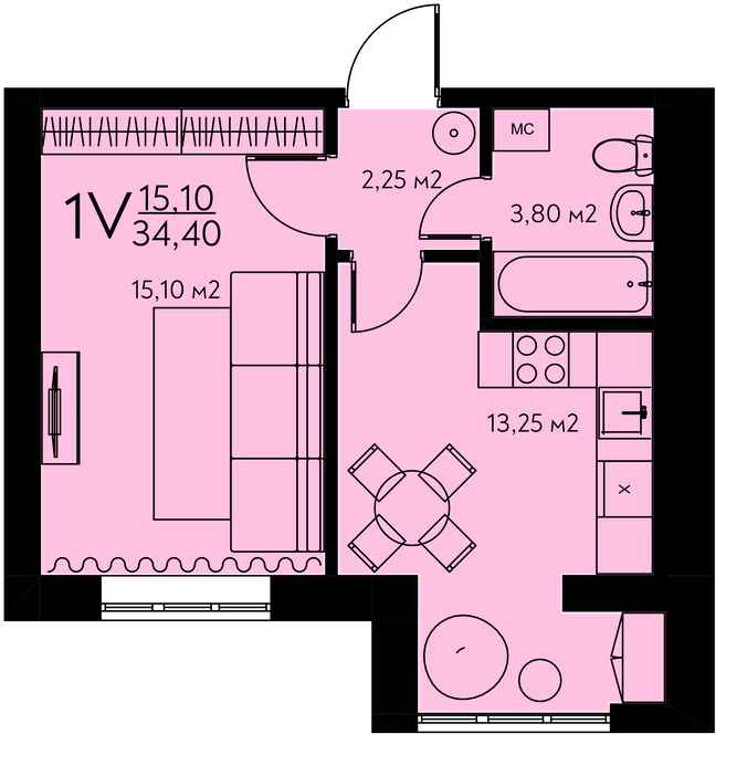 1-комнатная 34.4 м² в ЖК Молодежный городок от 22 000 грн/м², с. Крюковщина