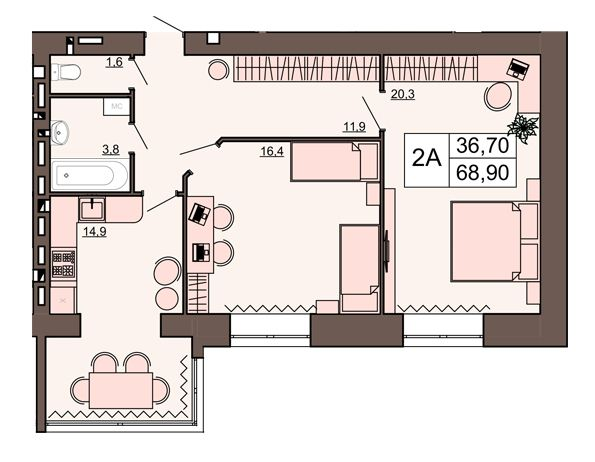 2-кімнатна 68.9 м² в ЖК Шоколад від 14 700 грн/м², Рівне