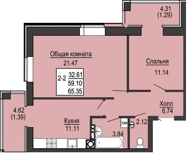2-кімнатна 65.35 м² в ЖК Софіївська сфера від 19 000 грн/м², с. Софіївська Борщагівка