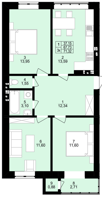 3-комнатная 71.32 м² в ЖК Грушевского от 15 800 грн/м², г. Винники