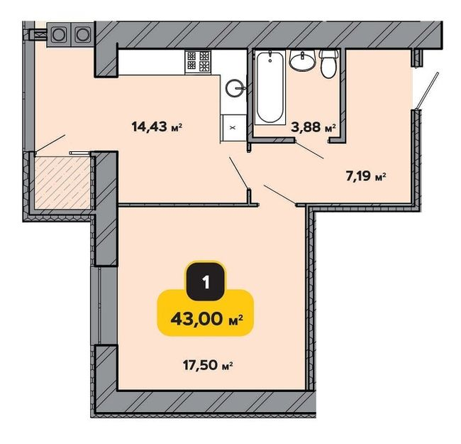 1-кімнатна 43 м² в ЖК Студентський від 16 500 грн/м², Хмельницький