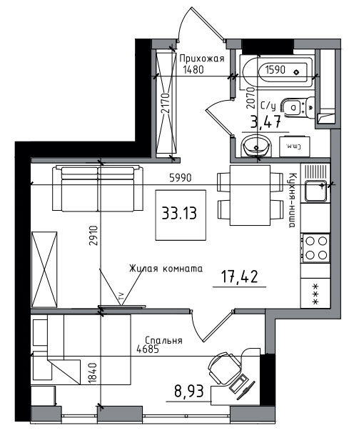 1-кімнатна 33.13 м² в ЖМ ARTVILLE від 18 150 грн/м², смт Авангард