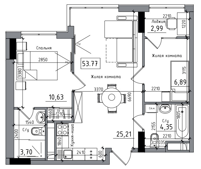 2-комнатная 53.77 м² в ЖГ ARTVILLE от 17 700 грн/м², пгт Авангард