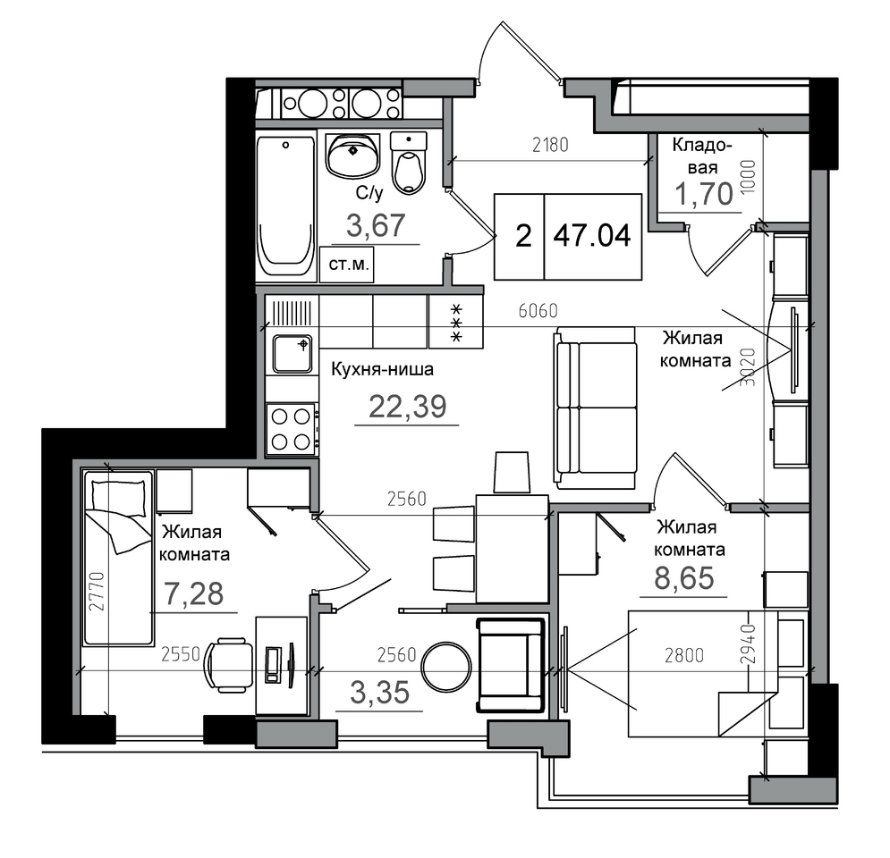 2-кімнатна 47.04 м² в ЖМ ARTVILLE від 21 196 грн/м², смт Авангард