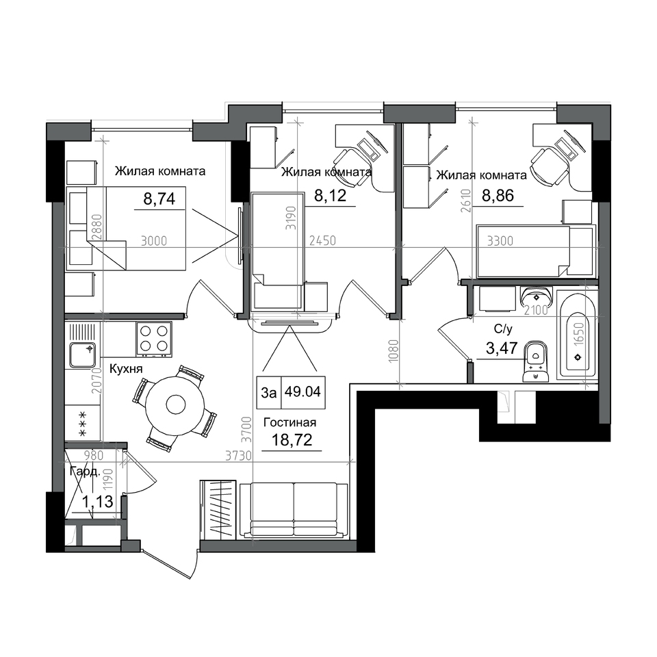 3-комнатная 49.04 м² в ЖГ ARTVILLE от 22 500 грн/м², пгт Авангард