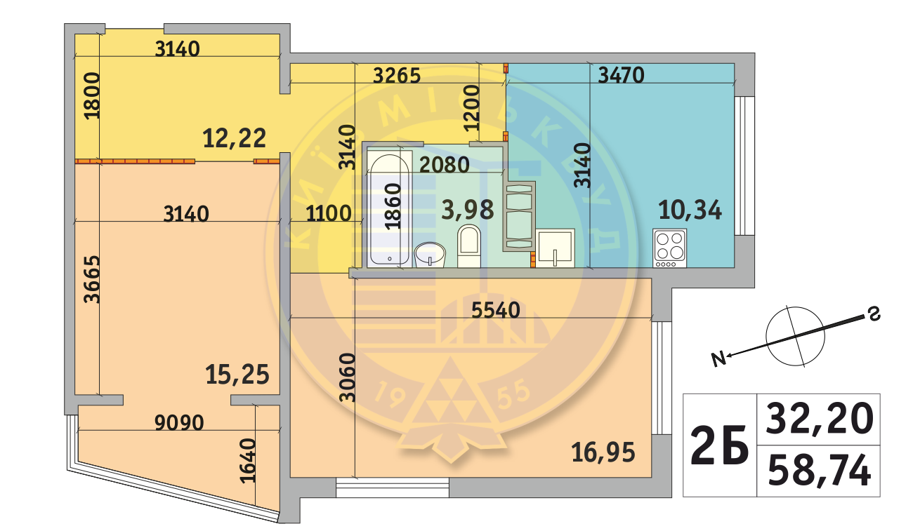 2-комнатная 58.74 м² в ЖК Милос от 23 175 грн/м², Киев