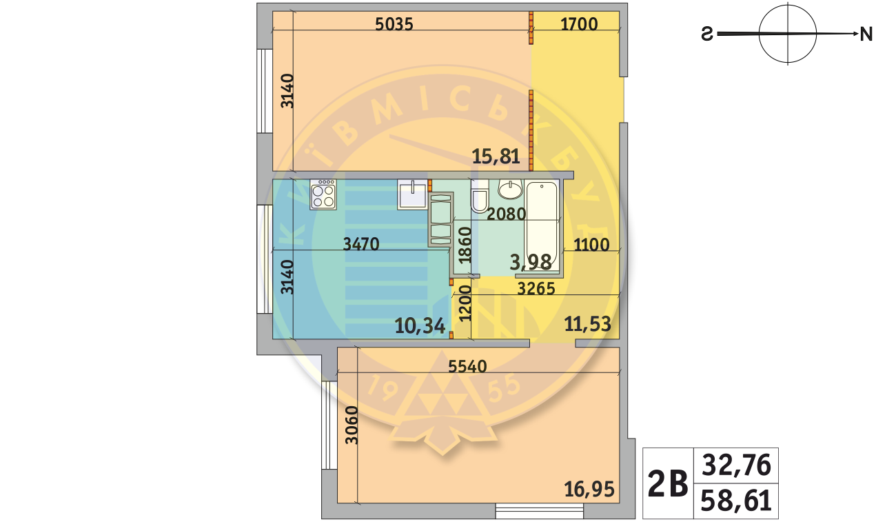 2-комнатная 58.61 м² в ЖК Милос от 23 175 грн/м², Киев