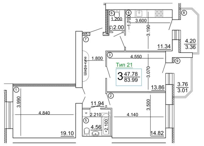 3-кімнатна 83.99 м² в Мкрн Академічний від 15 800 грн/м², Вінниця