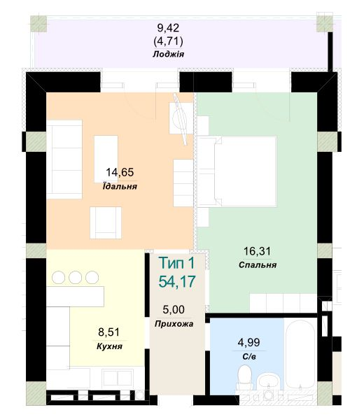 1-кімнатна 54.17 м² в ЖК Sky City від 21 000 грн/м², Ужгород