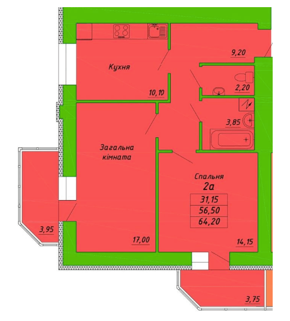 2-кімнатна 64.2 м² в ЖК на вул. Пушкарівська, 22Д від 19 400 грн/м², Полтава