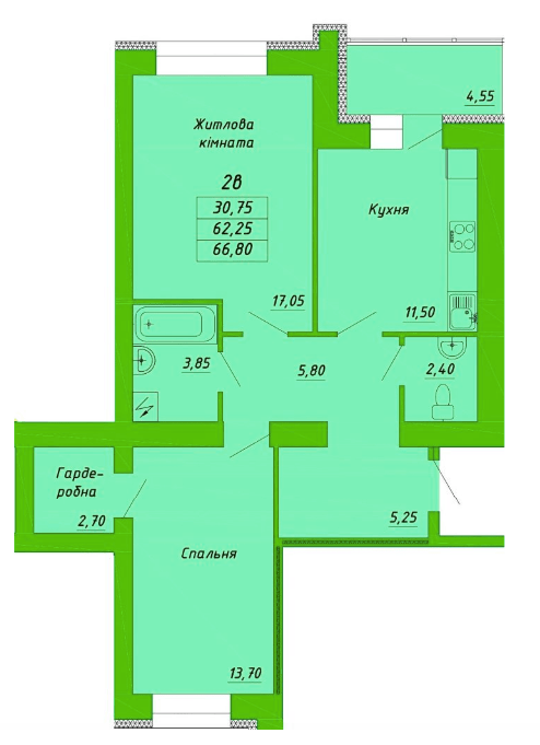 2-кімнатна 66.8 м² в ЖК на вул. Пушкарівська, 22Д від 19 400 грн/м², Полтава