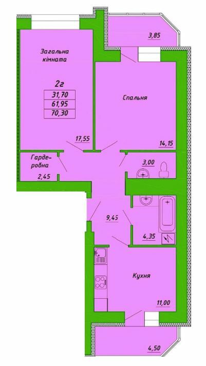 2-комнатная 70.3 м² в ЖК на ул. Пушкаревская, 22Д от 19 400 грн/м², Полтава