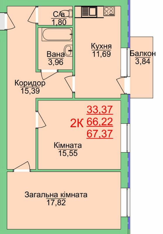 2-комнатная 67.37 м² в ЖК Зеленый оазис от 17 000 грн/м², Херсон