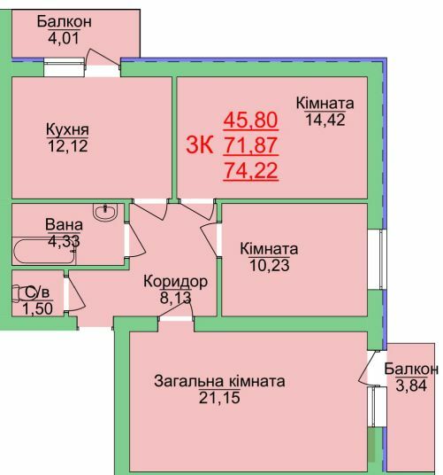 3-комнатная 74.22 м² в ЖК Зеленый оазис от 15 000 грн/м², Херсон