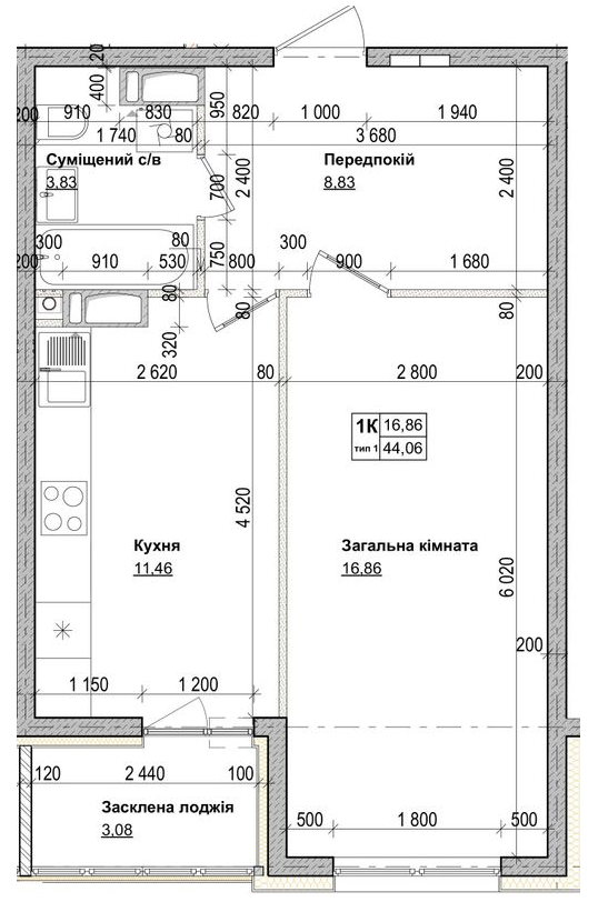 1-кімнатна 44.06 м² в ЖК Антант на Озерній від 23 200 грн/м², с. Новосілки