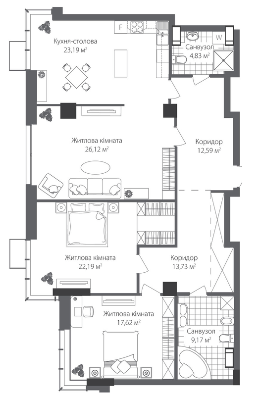 3-кімнатна 129.37 м² в ЖК RiverStone від 1 364 820 грн/м², Київ