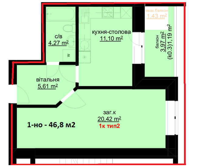 1-комнатная 46.8 м² в ЖК Набережный от 25 000 грн/м², г. Белая Церковь